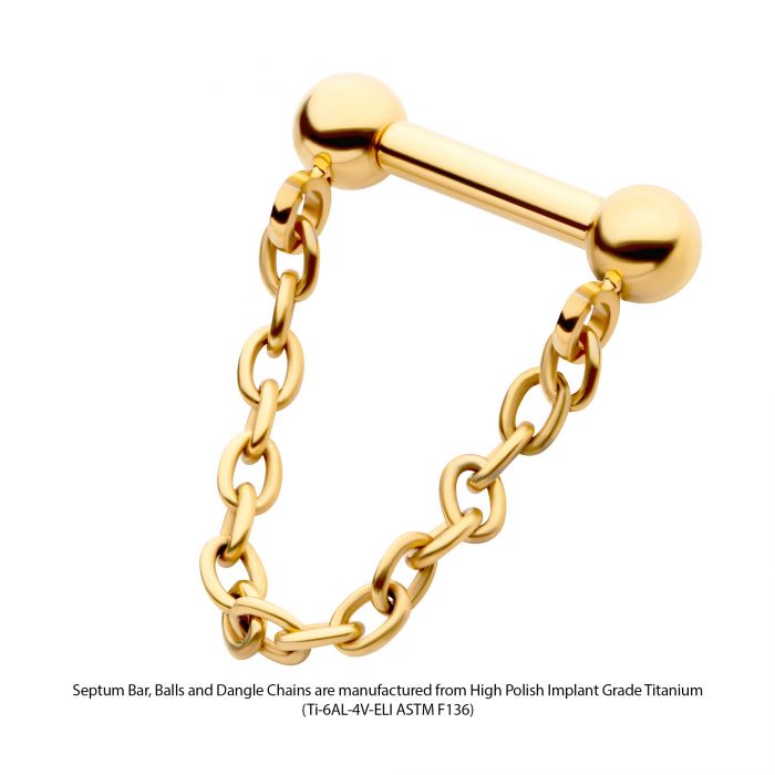 24Kt Gold PVD Titanium Dangle Chain on a One Side Threadless, One Side Fixed Bar with Ball ends