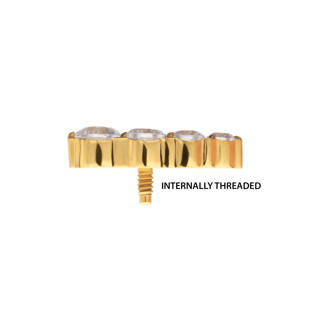 24Kt Gold PVD Titanium Internally Threaded 4-Cluster Staggered Prong Set CZ Gem Top (Left Ear)