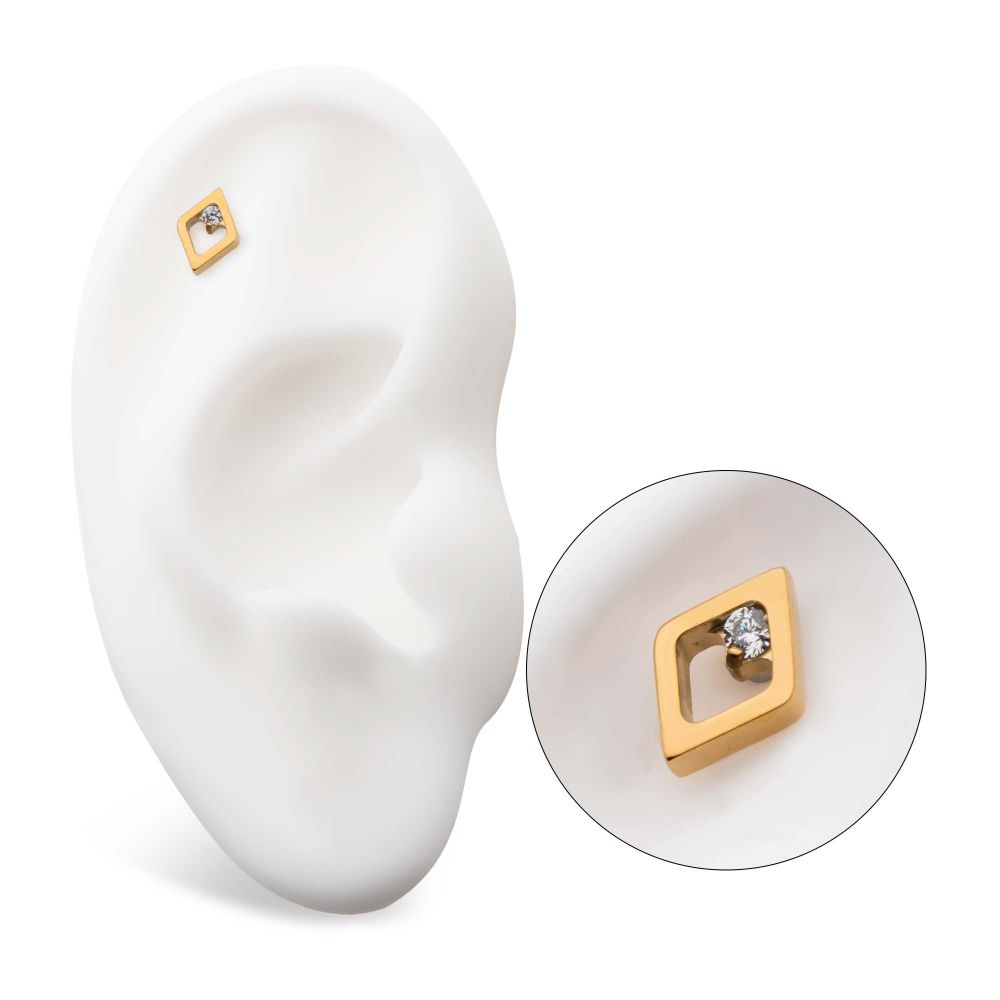 24Kt Gold PVD Titanium Internally Threaded Rhombus Shape with Clear CZ Top