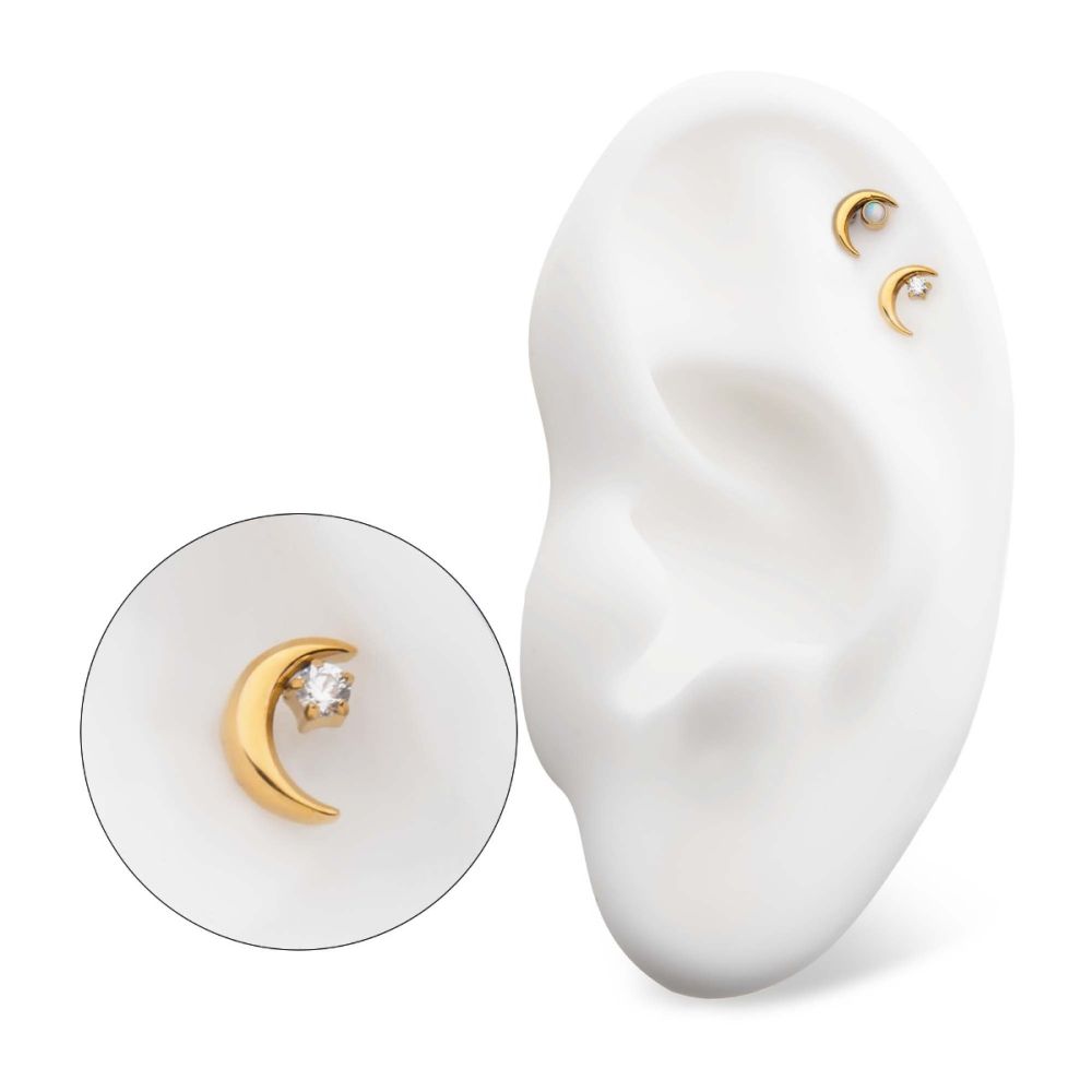 24Kt Gold PVD Titanium Internally Threaded Crescent Moon with CZ/Opal Top
