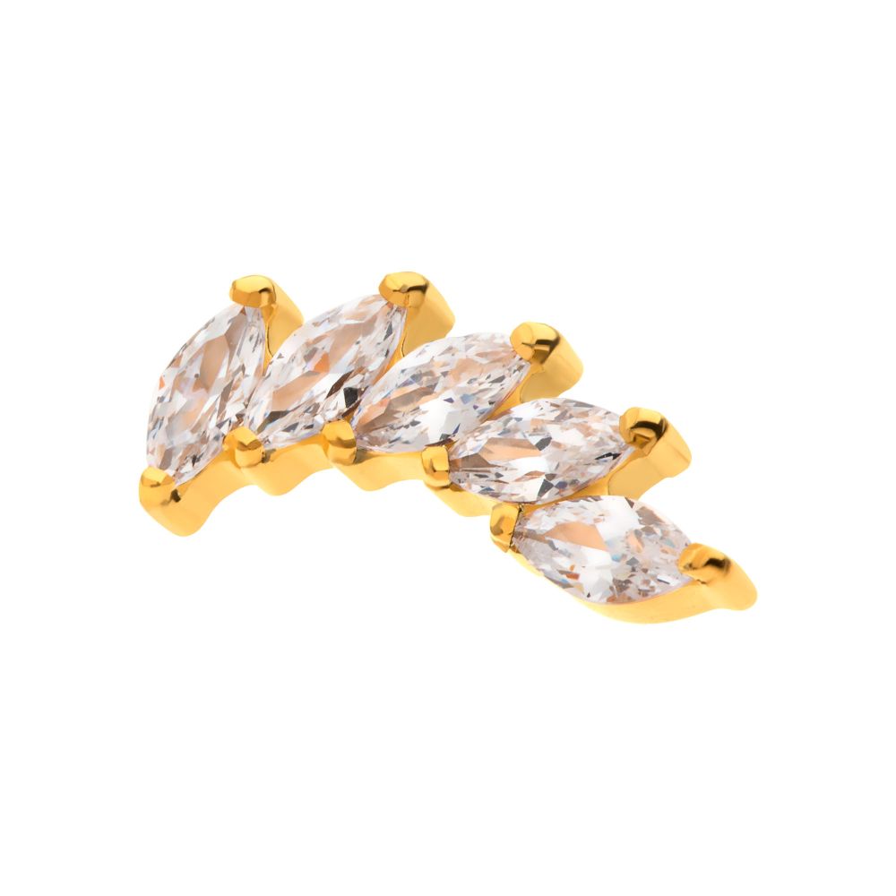24Kt Gold PVD Titanium Internally Threaded with Prong Set Marquise 5 Gem Curved Fan Top