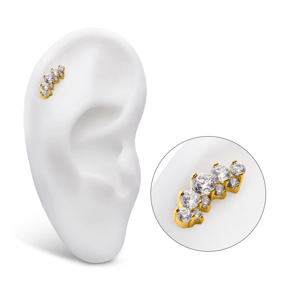 24Kt Gold PVD Titanium Threadless Terraced Cluster Prong Set CZ Gem Top