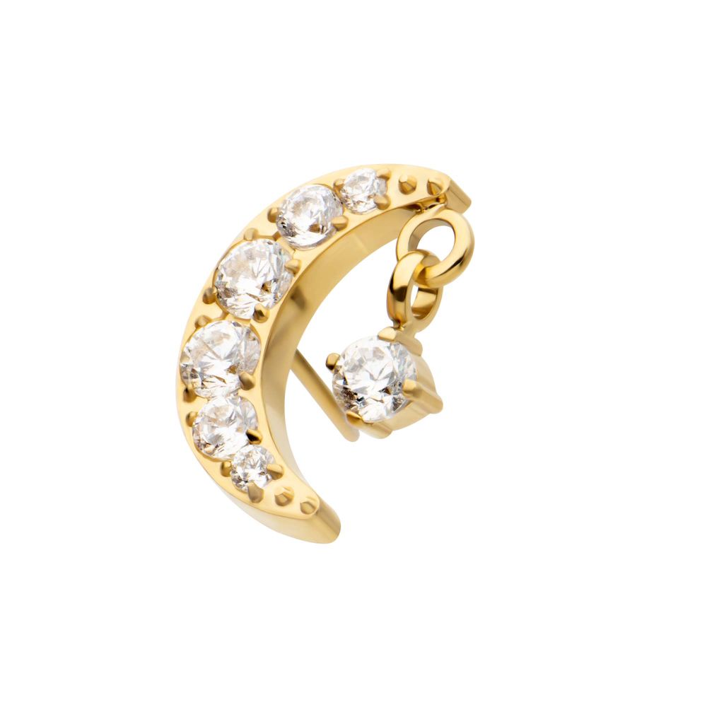 24Kt Gold PVD Titanium Threadless Crescent Moon CZ Top with Dangle Pronged Round CZ