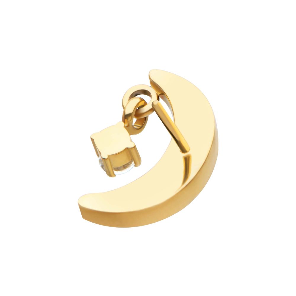 24Kt Gold PVD Titanium Threadless Crescent Moon CZ Top with Dangle Pronged Round CZ