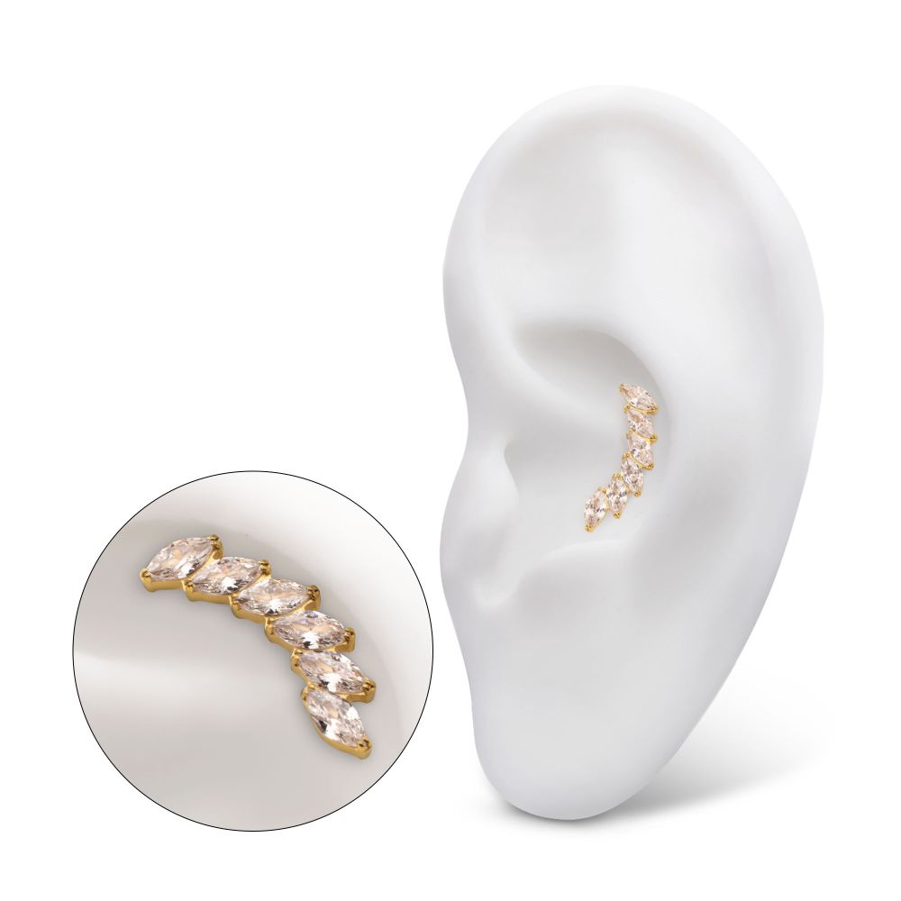 24Kt Gold PVD Titanium Threadless 6-Cluster Staggered V-Prong Marquise CZ Gem Top