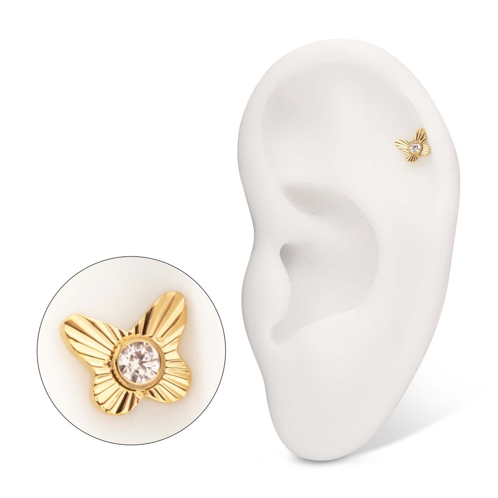 24Kt Gold PVD Titanium Threadless Corrugated Butterfly with Bezel Gem Top