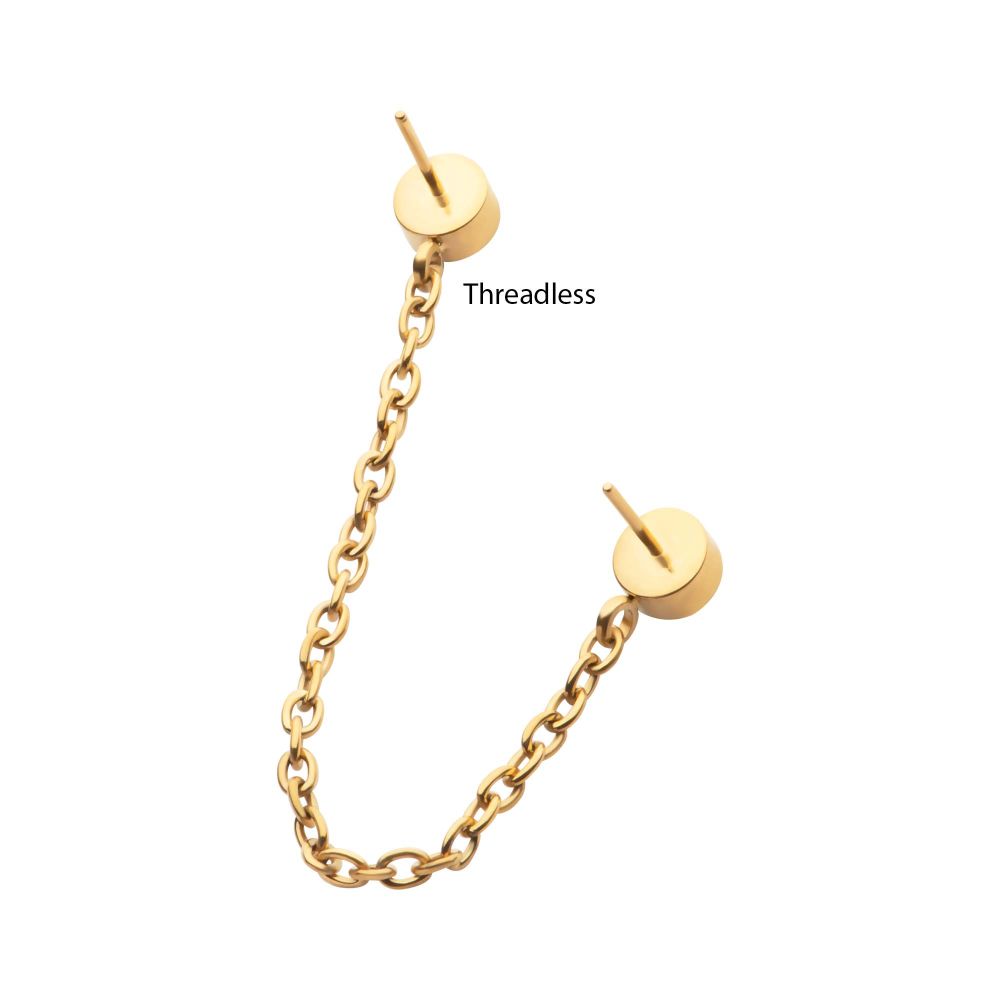 24Kt Gold PVD Titanium Threadless Duo Bezel Round CZ with Rolo Chain Dangle Tops