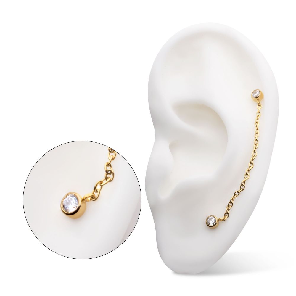 24Kt Gold PVD Titanium Threadless Duo Bezel Round CZ with Rolo Chain Dangle Tops