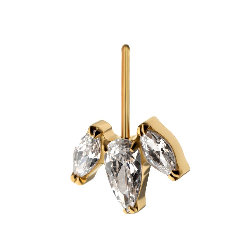 24Kt Gold PVD Titanium Threadless Vertical Helix V-Prong Pear Trio Blossom Cluster Top