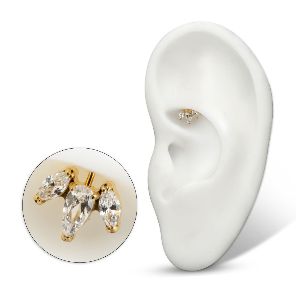 24Kt Gold PVD Titanium Threadless Vertical Helix V-Prong Pear Trio Blossom Cluster Top