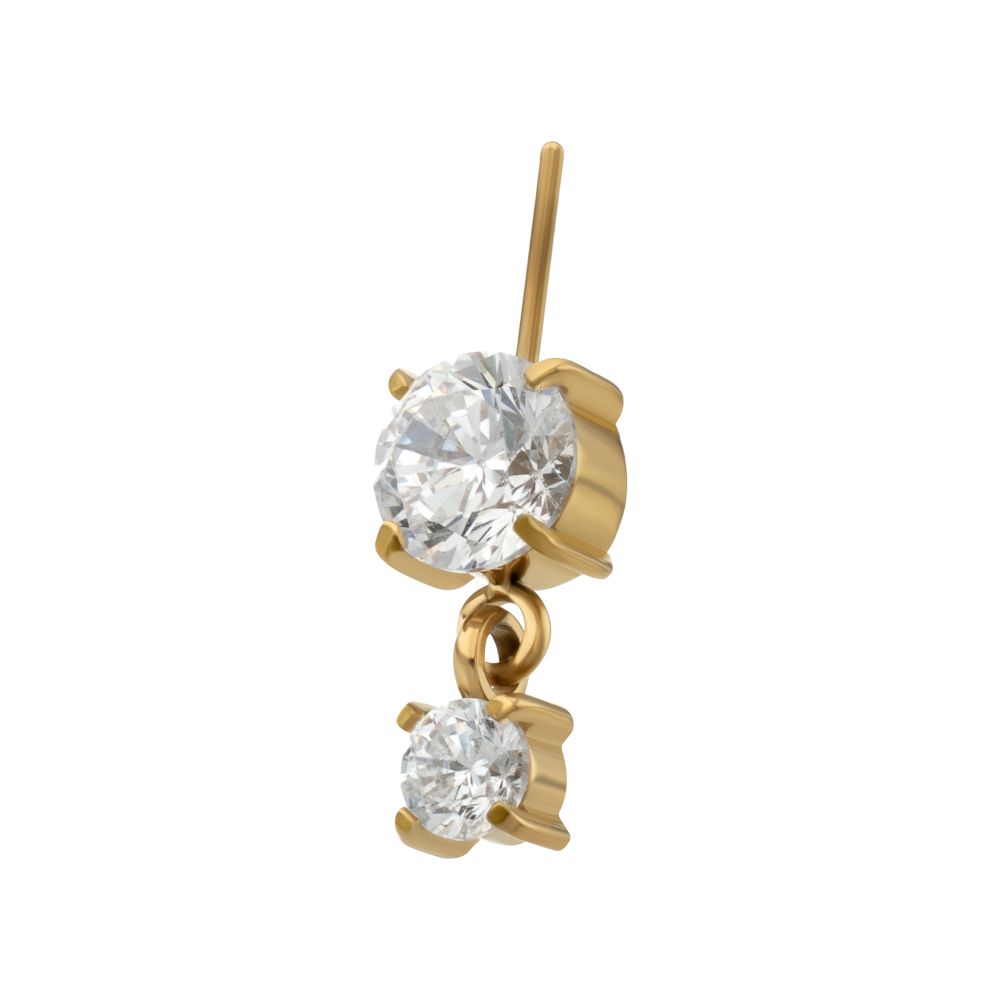 24Kt Gold PVD Titanium Threadless Vertical Helix Double 4-Prong CZ Gem Dangle Top