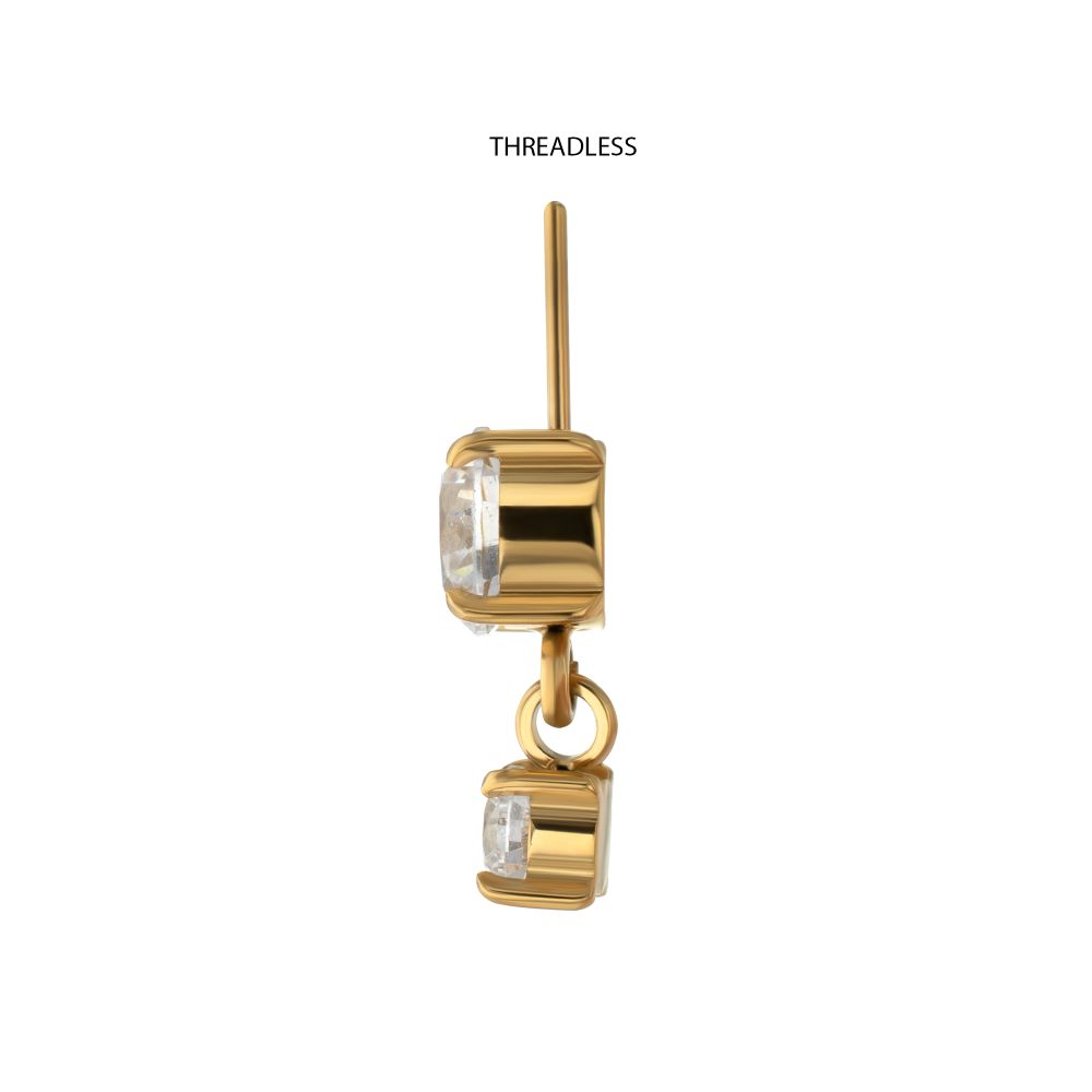 24Kt Gold PVD Titanium Threadless Vertical Helix Double 4-Prong CZ Gem Dangle Top