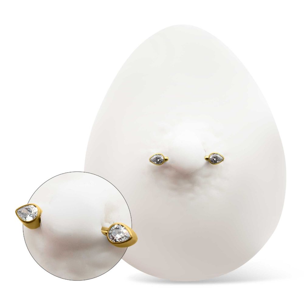 24Kt Gold PVD Titanium Bezel Set Teardrop Gem End Nipple Barbell (One Side Fixed, One Side Threadless) | Sold by piece
