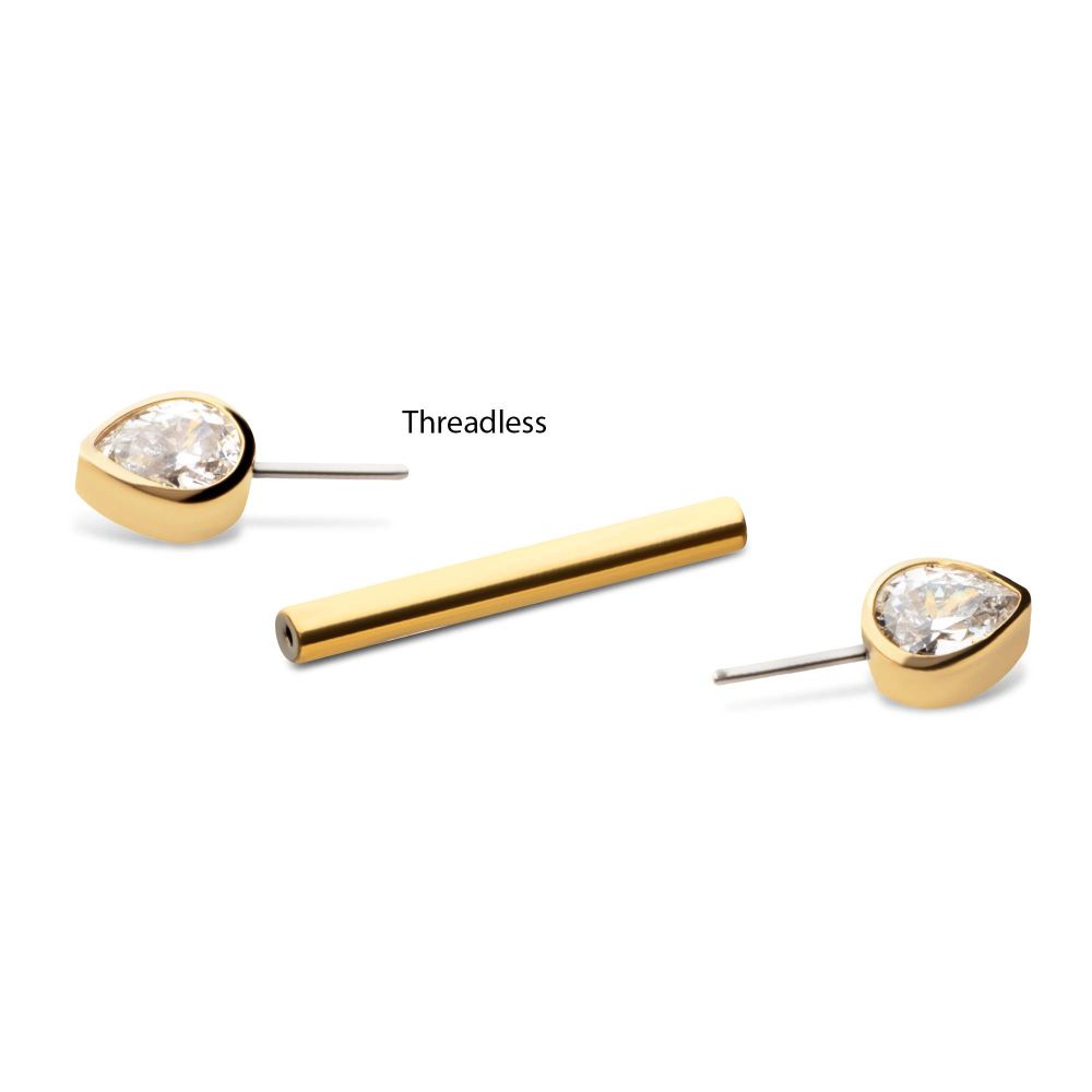 24Kt Gold PVD Titanium Threadless Bezel Teardrop CZ Nipple Barbell | Sold by piece