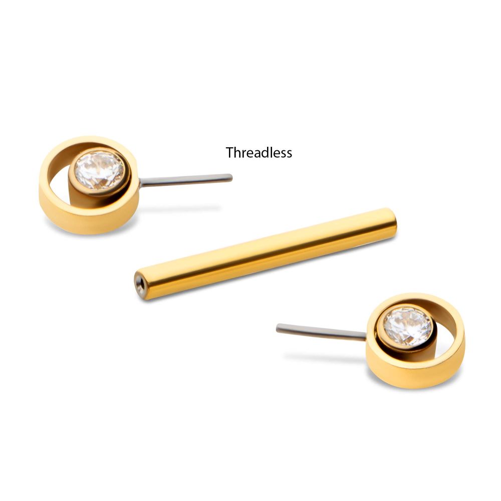 24Kt-Gold PVD Titanium Threadless Bezel Round CZ Orbit Nipple Barbell | Sold by piece