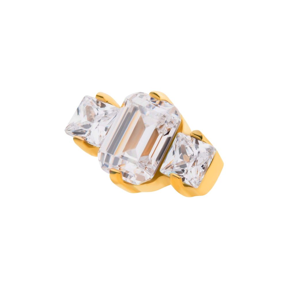 24Kt Gold PVD Titanium Internally Threaded Prong Set Emerald Cut & Princess Gem 3-Cluster Top
