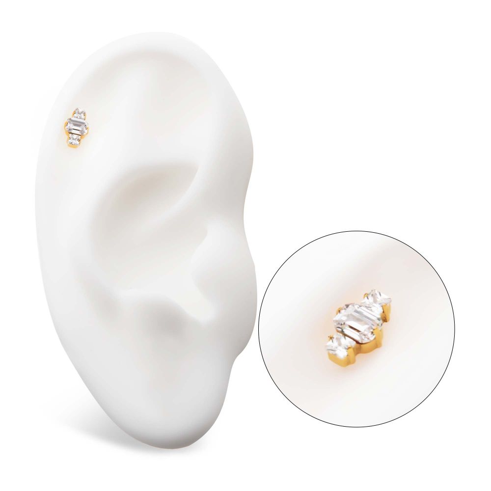 24Kt Gold PVD Titanium Internally Threaded Prong Set Emerald Cut & Princess Gem 3-Cluster Top