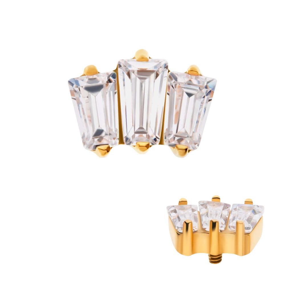 24Kt Gold PVD Titanium Internally Threaded Prong Set Baguette CZ 3-Cluster Top