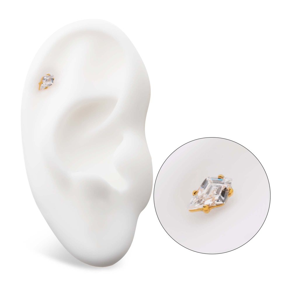 24Kt-Gold PVD Titanium Threadless Prong Set Kite Shaped CZ Top