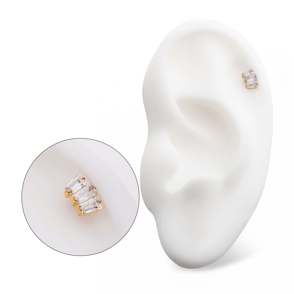 24Kt Gold PVD Titanium Threadless Prong Set Baguette CZ 3-Cluster Top