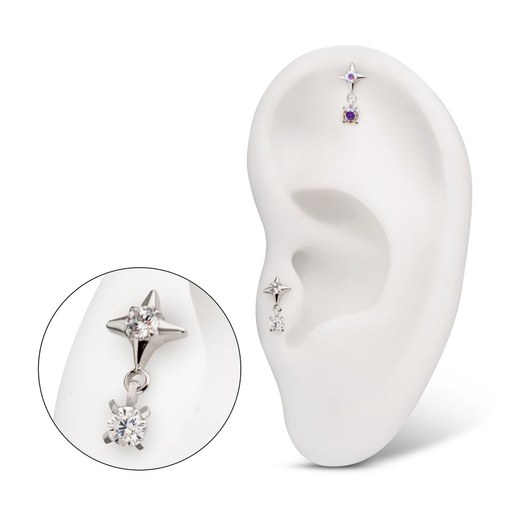 Platinum PVD Titanium Threadless Celestial Star Top with Prong Set CZ Gem Dangle