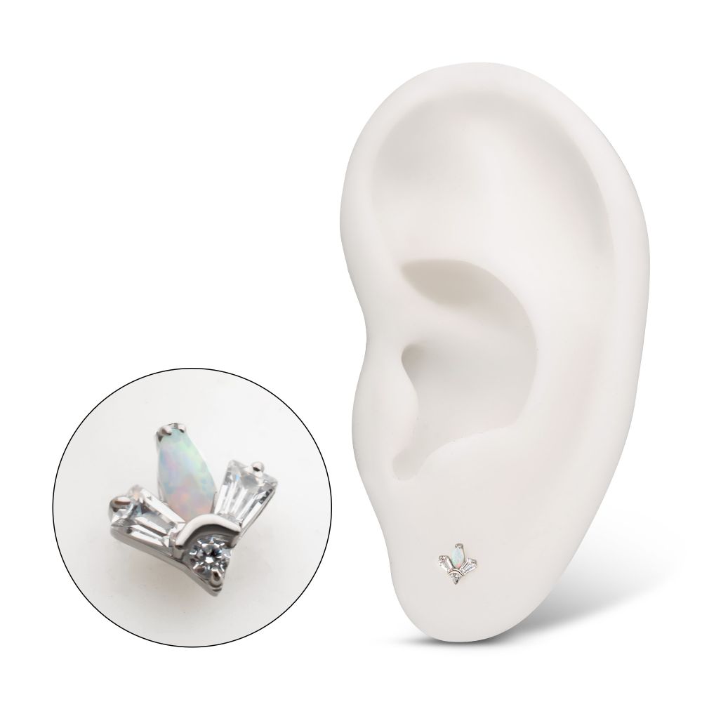Platinum PVD Titanium Threadless Triple Cluster Top with Prong Set Round Opal & Baguette CZ Gem