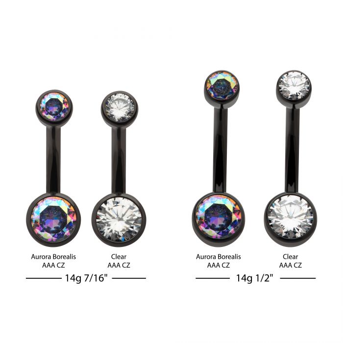 Black PVD Titanium Internally Threaded Bezel Set Double CZ Smooth Rounded Back Fixed Bottom Navel Ring