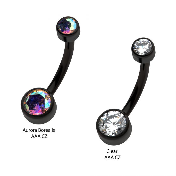 Black PVD Titanium Internally Threaded Bezel Set Double CZ Smooth Rounded Back Fixed Bottom Navel Ring