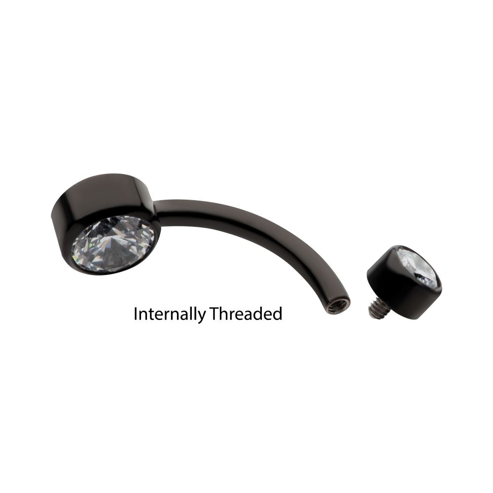 Black PVD Titanium Internally Threaded Bezel Set Double CZ Smooth Rounded Back Fixed Bottom Navel Ring