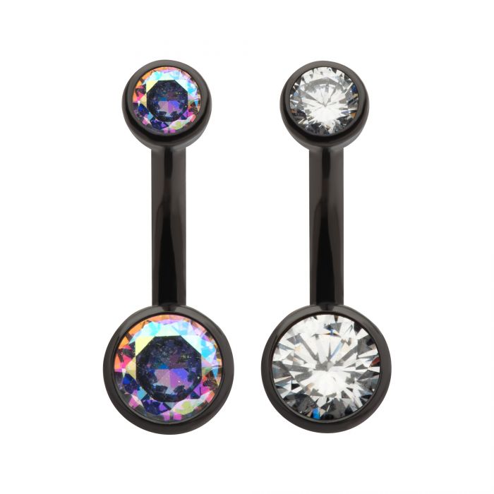 Black PVD Titanium Internally Threaded Bezel Set Double CZ Smooth Rounded Back Fixed Bottom Navel Ring