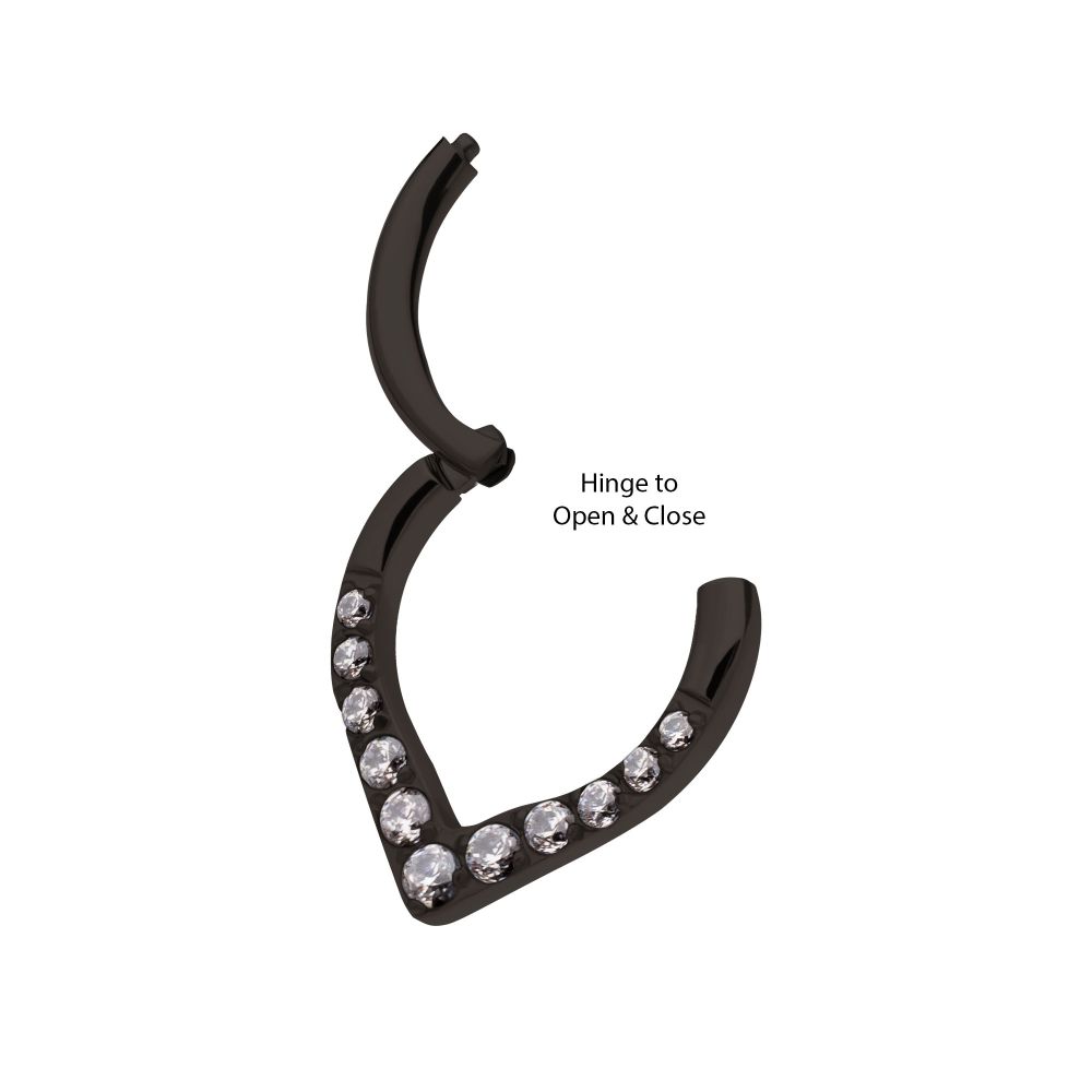 Black PVD Titanium CNC Set Gem Front Facing Teardrop Shape Hinged Segment Clicker
