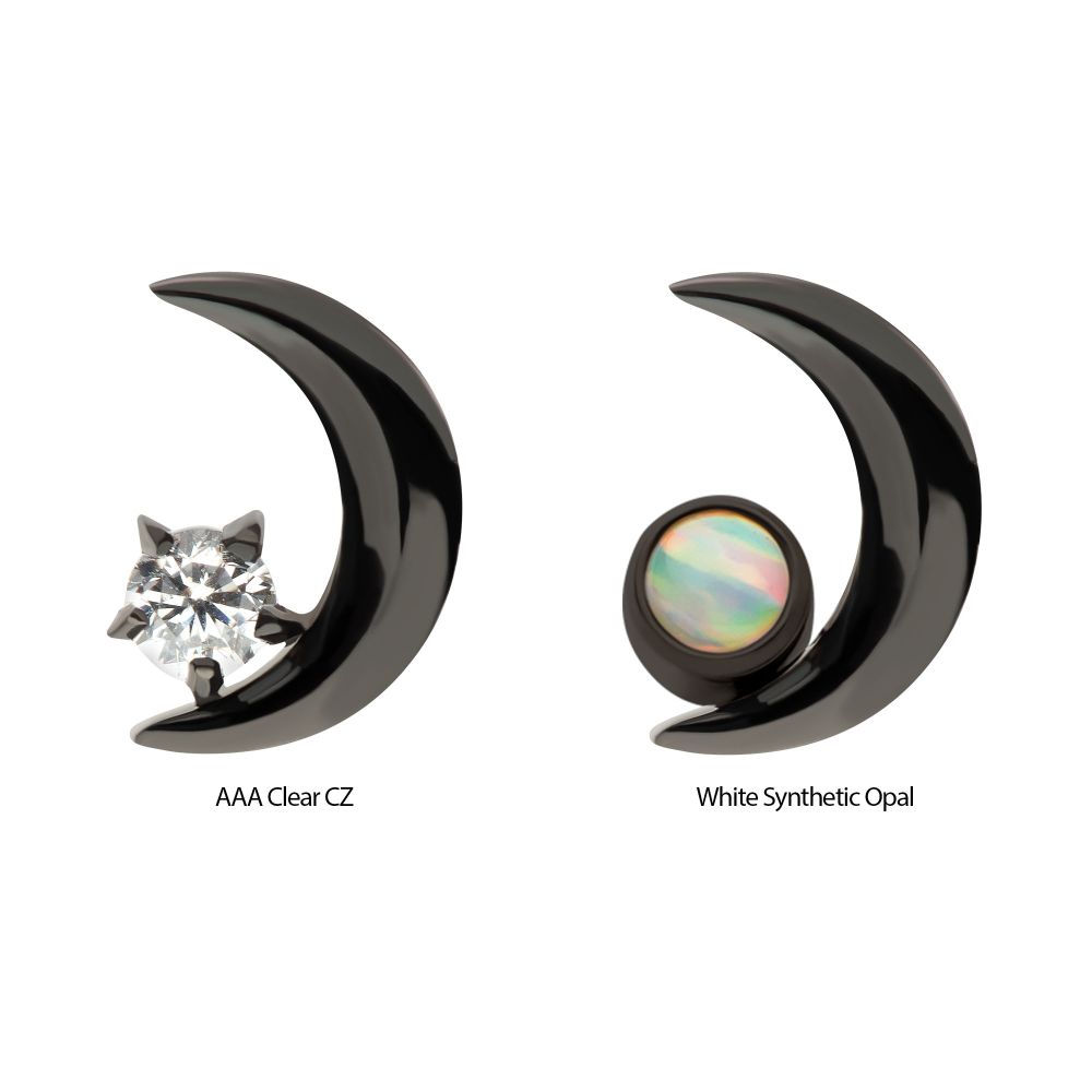 Black PVD Titanium Internally Threaded Crescent Moon with CZ/Opal Top