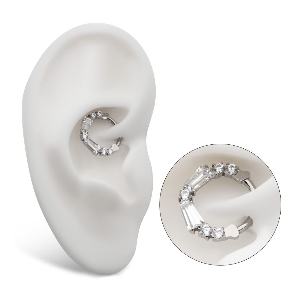 Titanium Clustered Prong Set Baguette & Round CZ Front Facing Hinged Segment Clicker