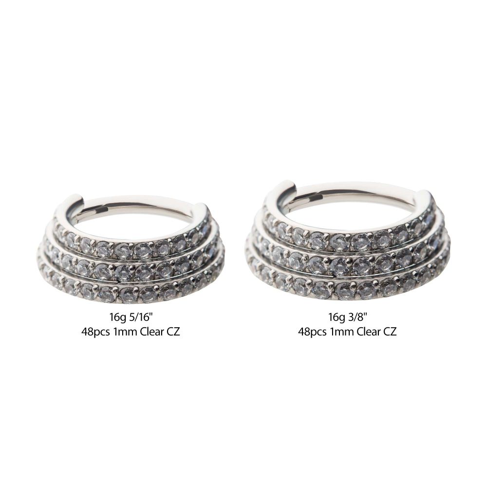 16g Titanium with Pave Set 48 Round Clear CZ Triple Stacked Side Facing Hinged Segment Clicker