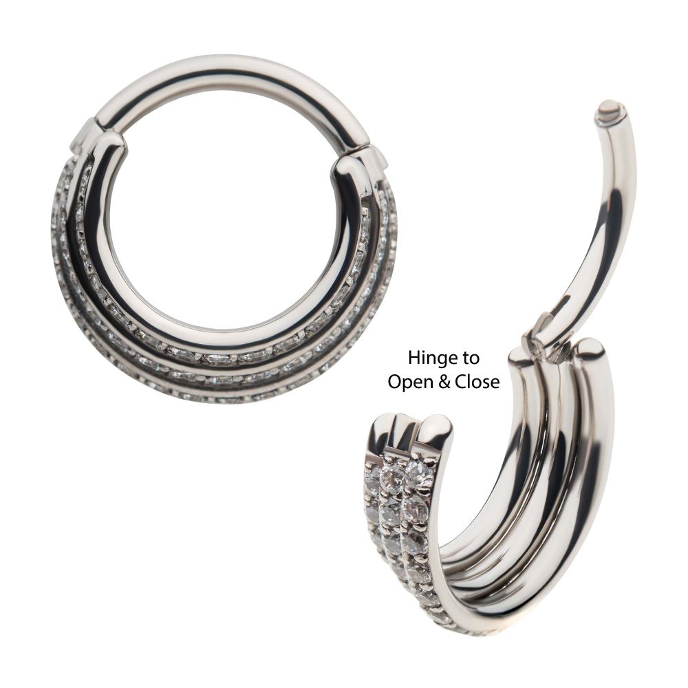 16g Titanium with Pave Set 48 Round Clear CZ Triple Stacked Side Facing Hinged Segment Clicker