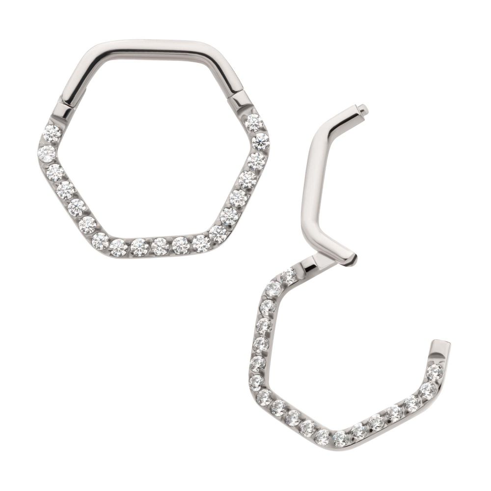 Titanium with 1mm CNC Set Clear CZ Eternity Hexagon Shape Front Facing Hinged Segment Clicker