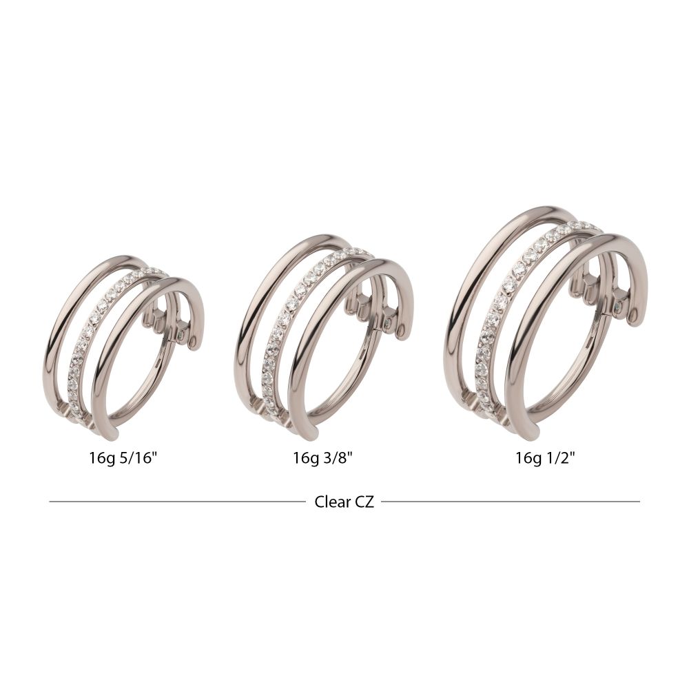 Titanium with CNC Set Clear CZ in the Center Hoop Triple Row Side Facing Hinged Segment Clicker