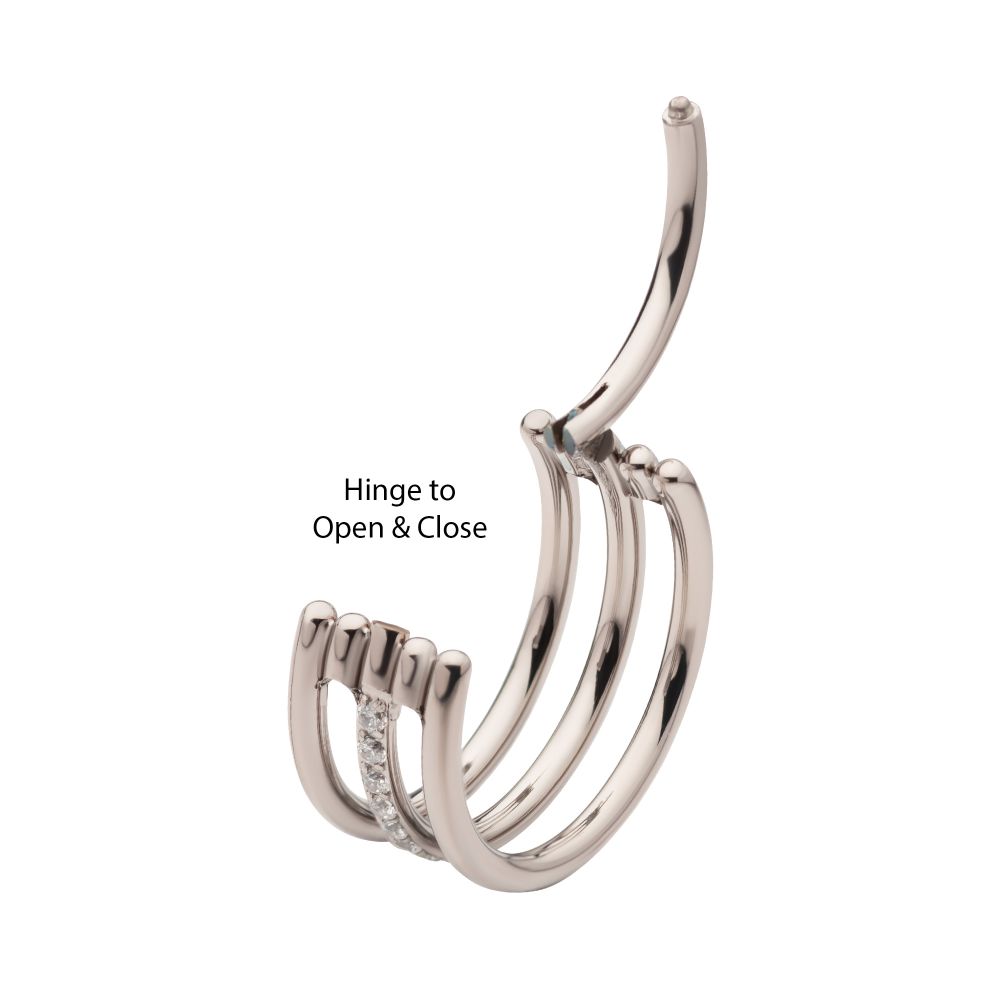 Titanium with CNC Set Clear CZ in the Center Hoop Triple Row Side Facing Hinged Segment Clicker