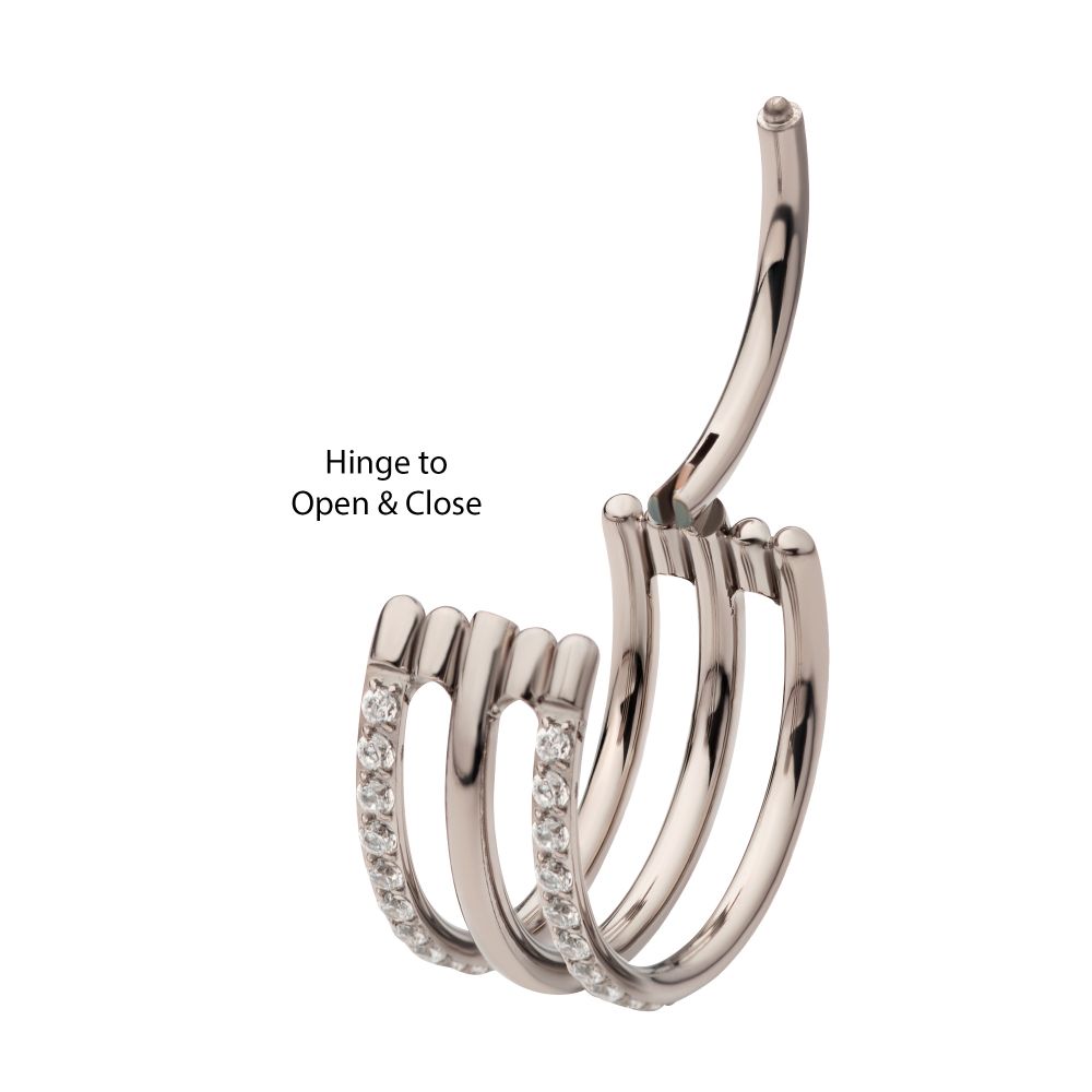 Titanium with CNC Set Clear CZ in 2 Side Hoops Triple Row Side Facing Hinged Segment Clicker