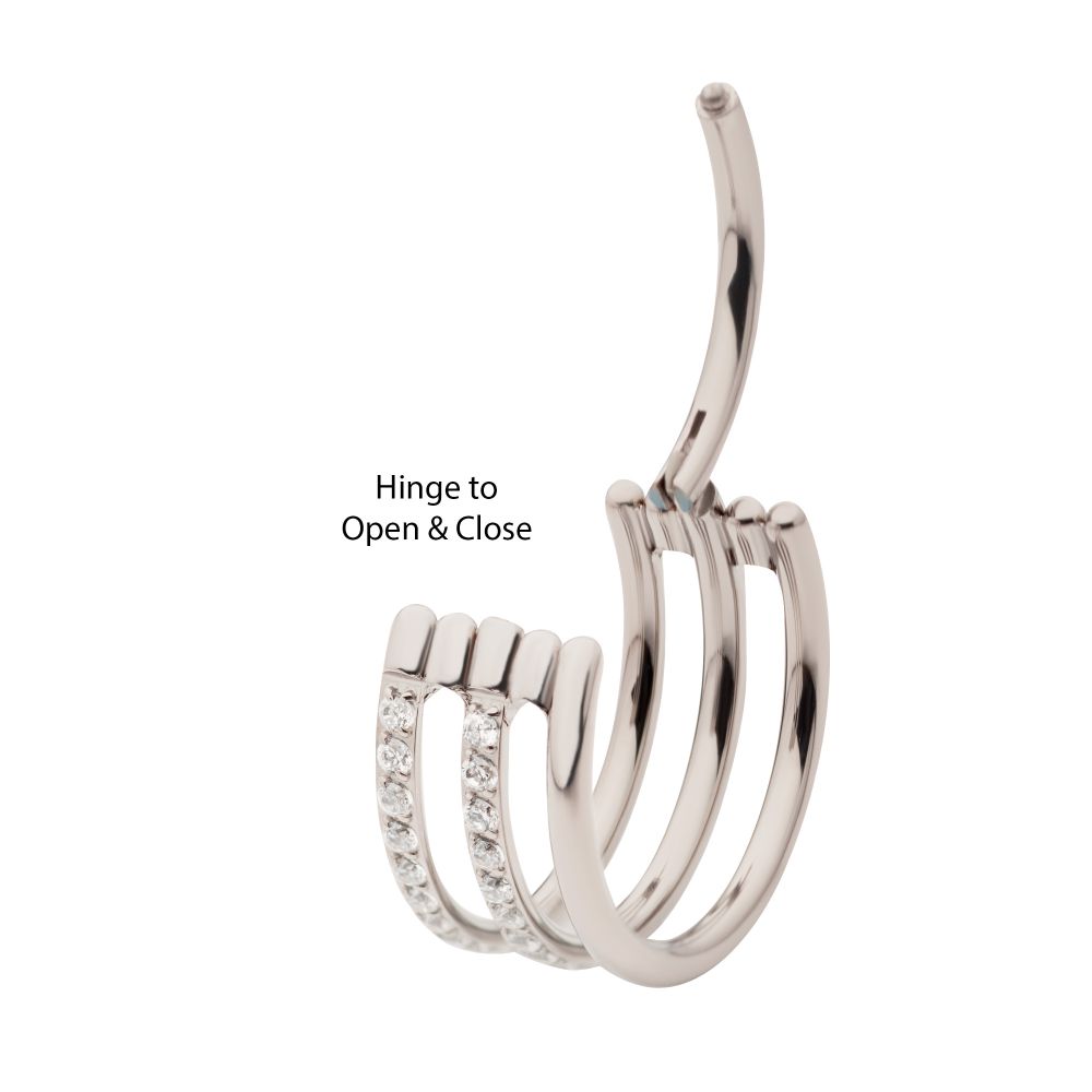 Titanium with CNC Set Clear CZ in 2 Consecutive Hoops Triple Row Side Facing Hinged Segment Clicker