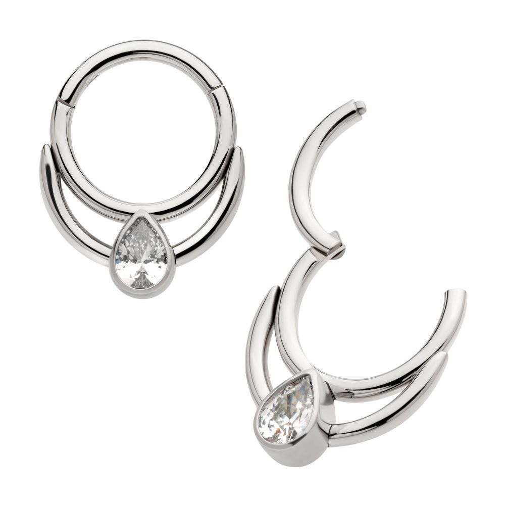 Titanium Double Hoop with Pear-Shaped Gem Front Facing Hinged Segment Clicker