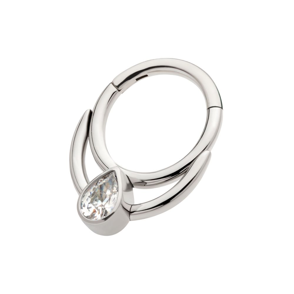 Titanium Double Hoop with Pear-Shaped Gem Front Facing Hinged Segment Clicker
