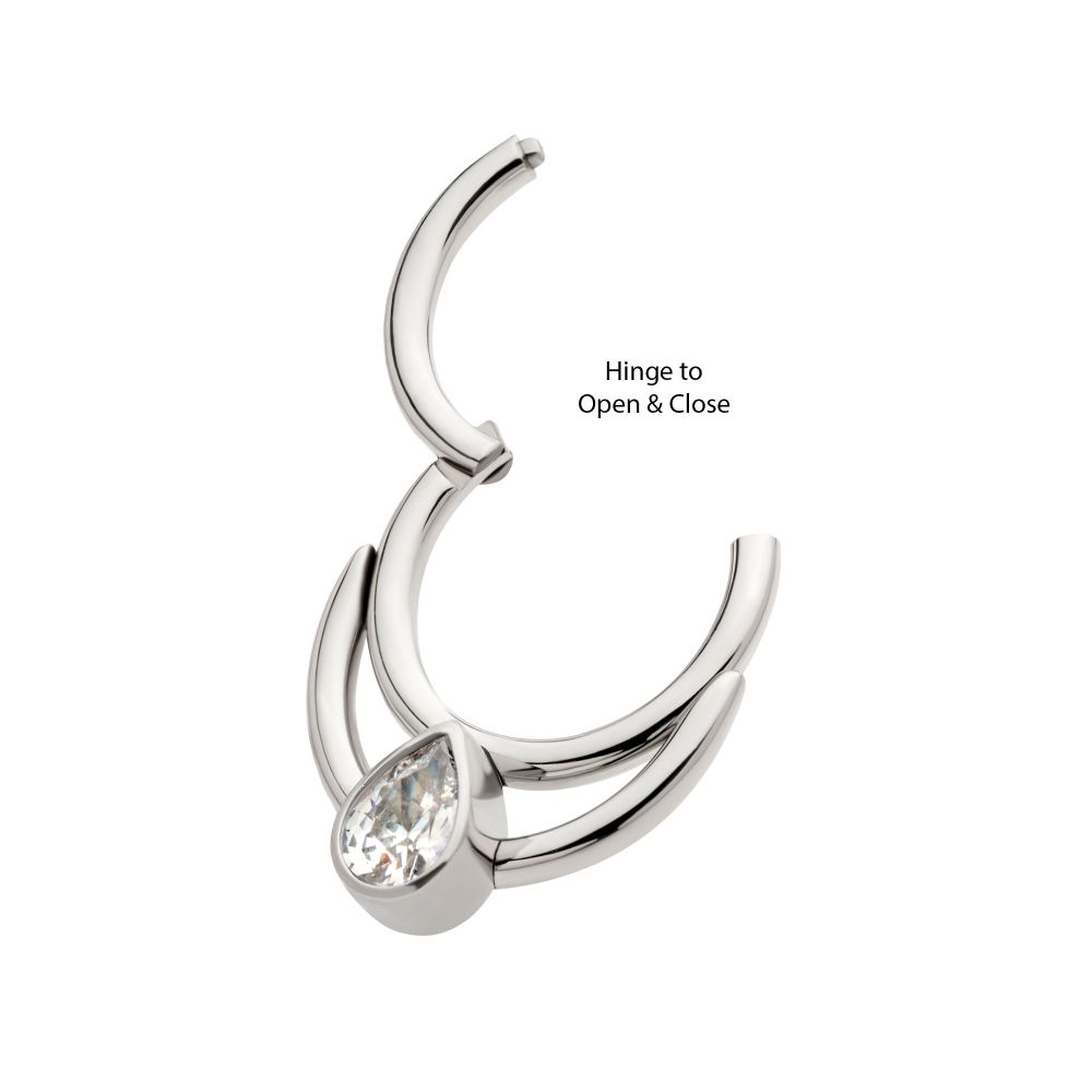 Titanium Double Hoop with Pear-Shaped Gem Front Facing Hinged Segment Clicker