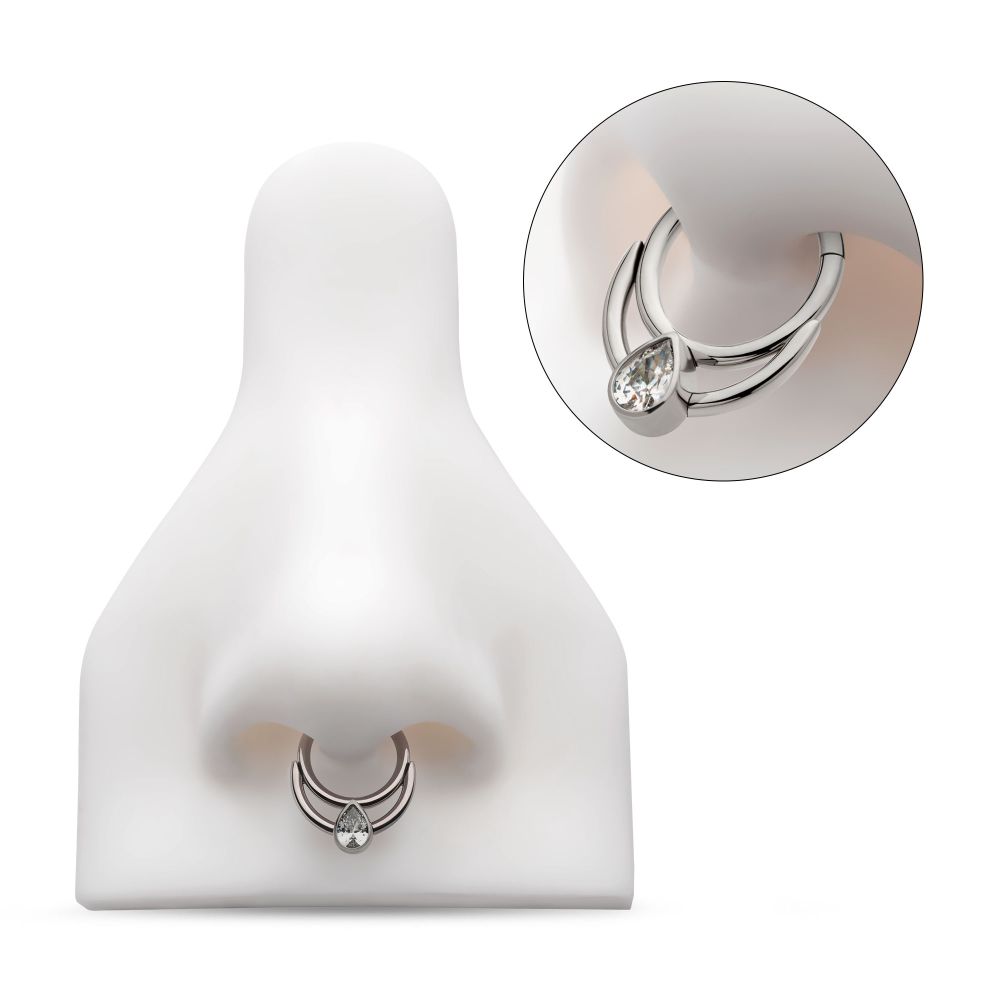 Titanium Double Hoop with Pear-Shaped Gem Front Facing Hinged Segment Clicker