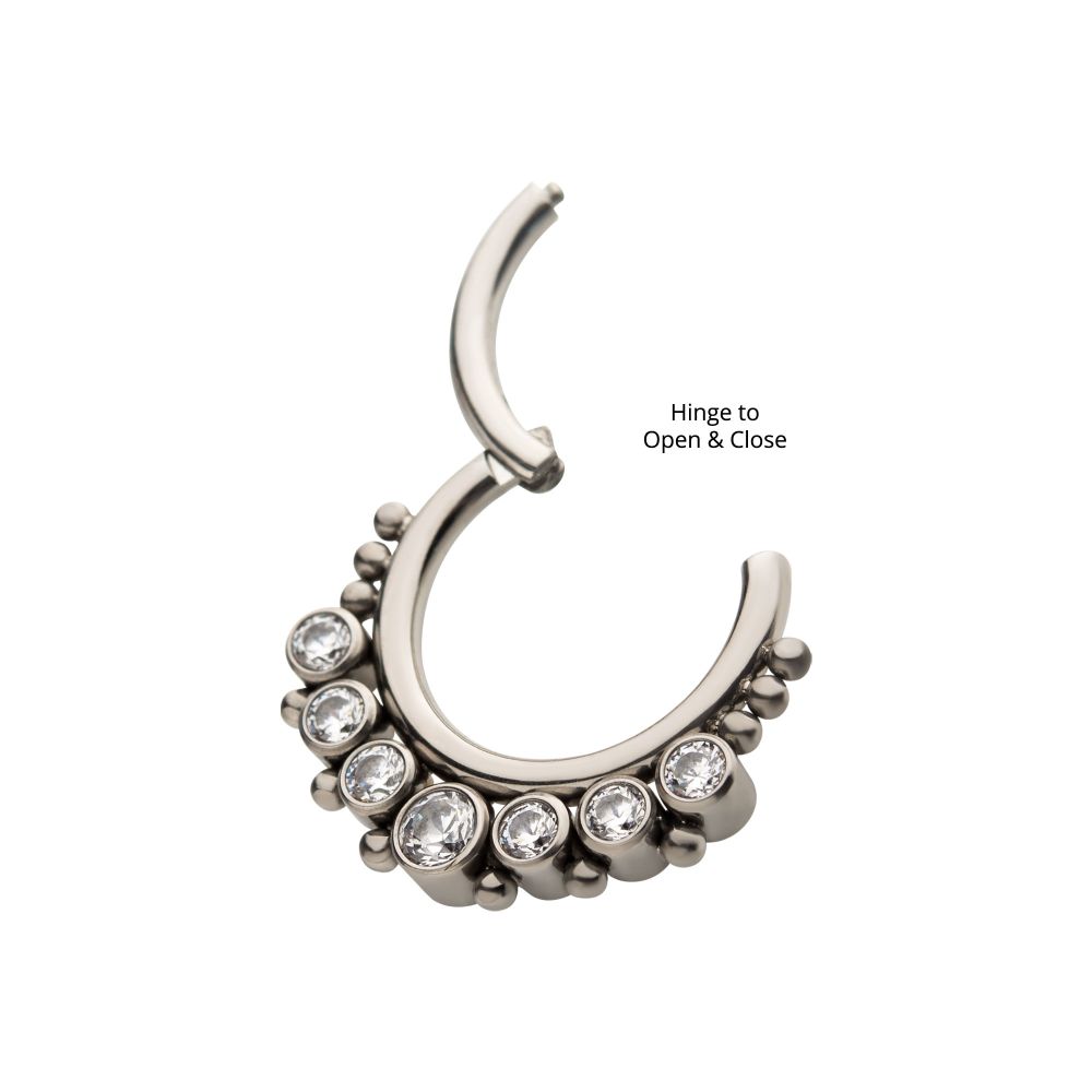 Titanium with 7 Cluster Bezel Set CZ & Beads Front Facing Hinged Segment Clicker