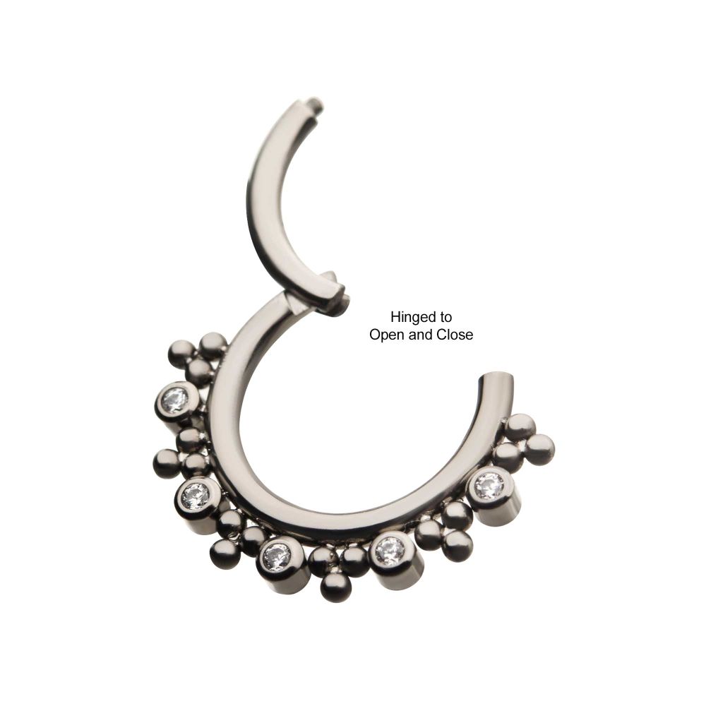 Titanium with Alternating Bezel Set CZ & Trio Beads Cluster Front Facing Hinged Segment Clicker