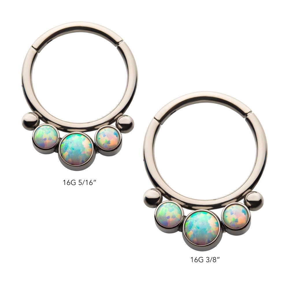 Titanium with Bezel Set 3 White Synthetic Opal & 2 Beads Front Facing Hinged Segment Clicker