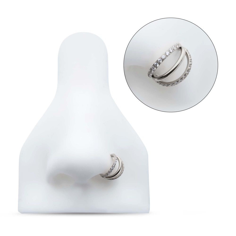 Titanium Triple Hoop with CNC Set 1mm Eternity Gem in 2 Alternate Hoops Side Facing Hinged Segment Clicker