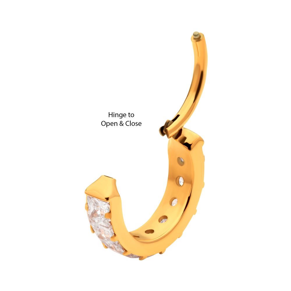 24Kt Gold PVD Titanium with Channel Set Square Princess Gem Side Facing Hinged Segment Clicker