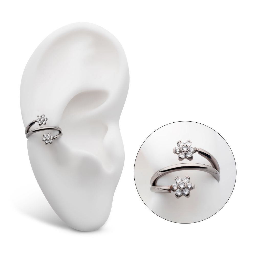 Titanium Double Ended Twist Side Facing Hinged Segment Clicker with Flower CZ